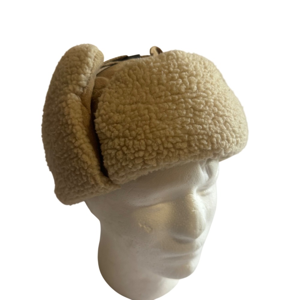 Tan Faux Suede Trapper Hat with Faux Shearling Trim and Ear Flaps S/M